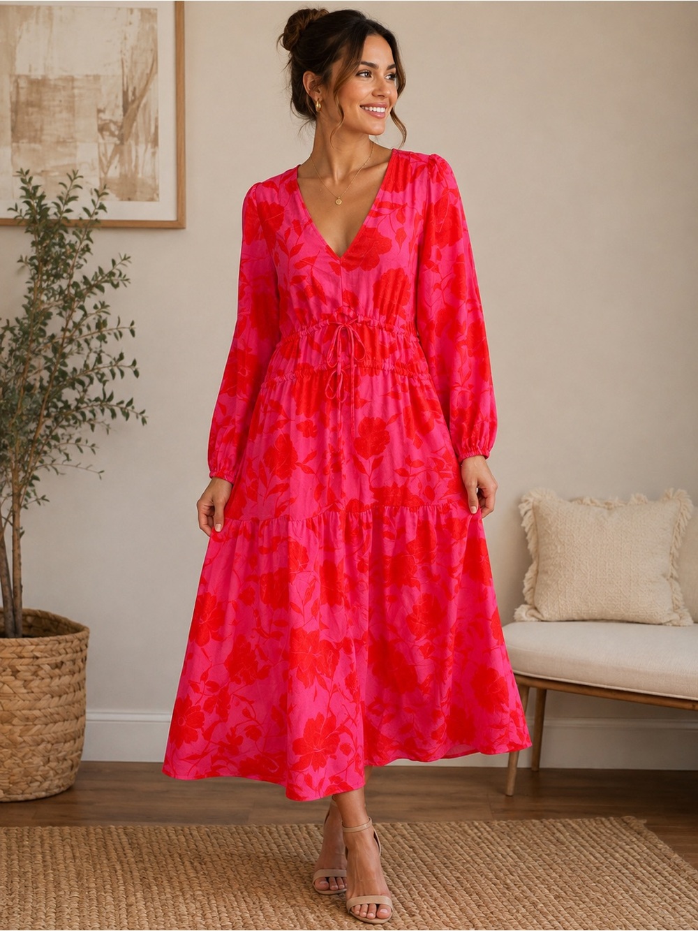 NWT Kate Spade NWT Large Pink Red Floral Midi Maxi Dress Romantic Boho Gown